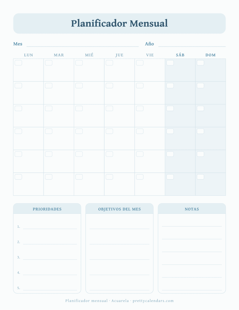 Planificador mensual para imprimir, sin fechas, con cuadrícula del mes y bloques de prioridades, objetivos y notas, estilo Acuarela