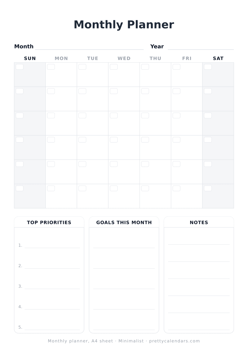 Printable undated monthly planner built at true A4 dimensions, Minimalist design