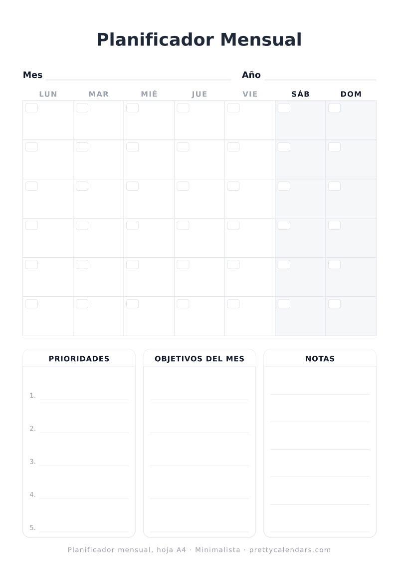 Planificador mensual sin fechas para imprimir construido con las medidas reales de A4, diseño Minimalista