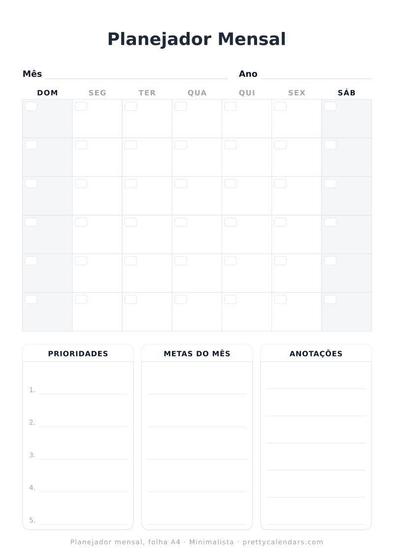 Planejador mensal para imprimir com tamanho A4 real, estilo Minimalista