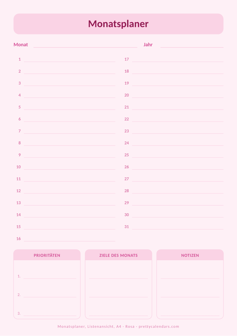 Druckbarer Monatsplaner mit Tagesliste auf A4, Design Rosa