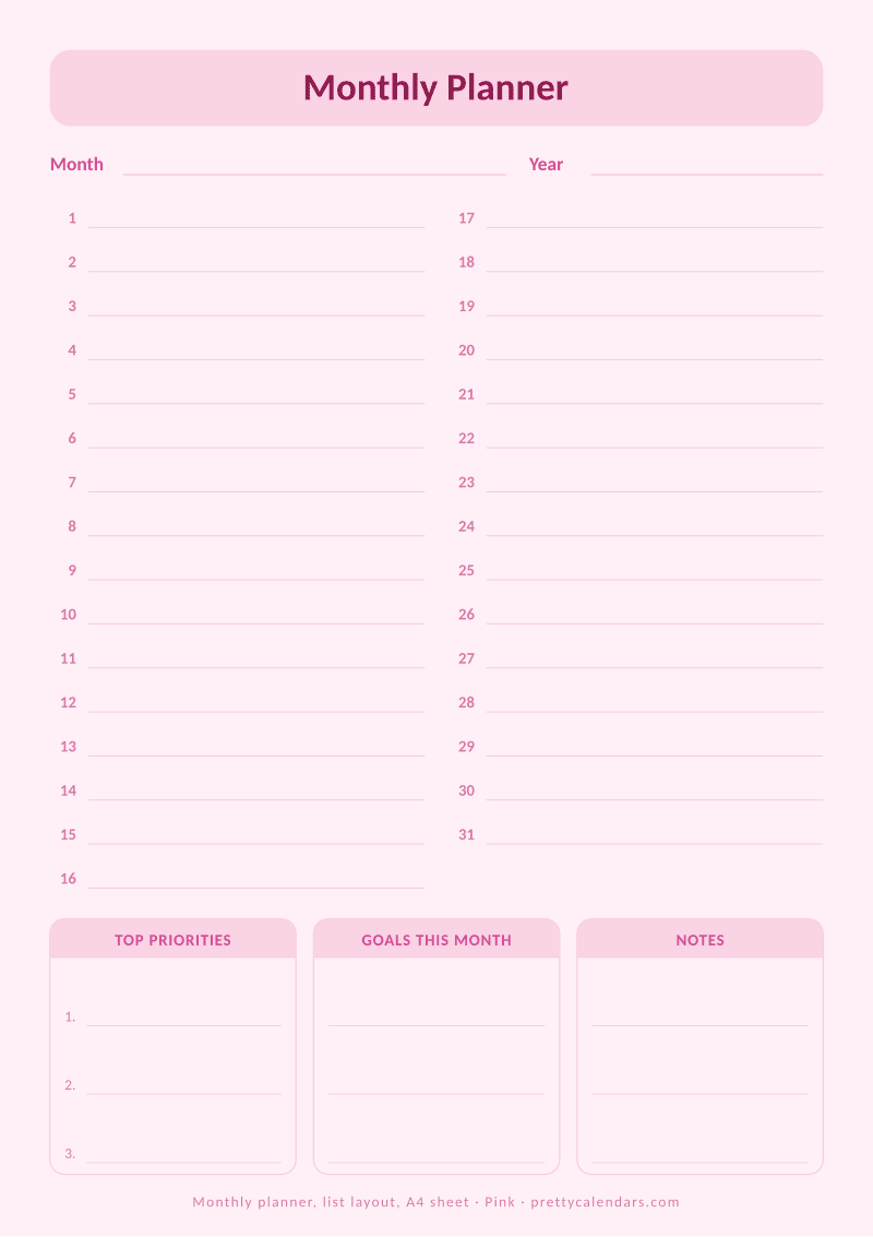 Printable undated monthly planner with numbered day rows on an A4 page, Pink design