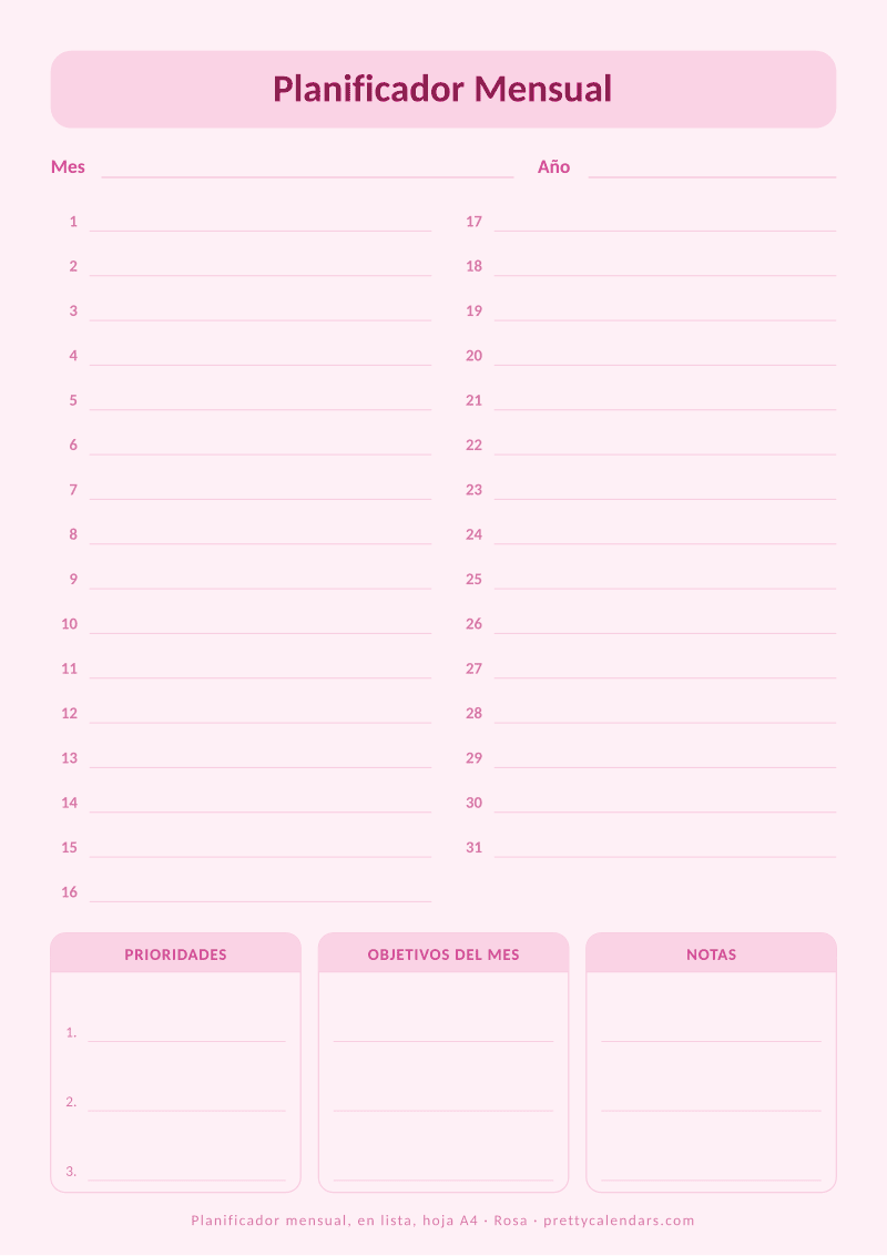 Planificador mensual sin fechas para imprimir con los días en filas numeradas en una hoja A4, diseño Rosa
