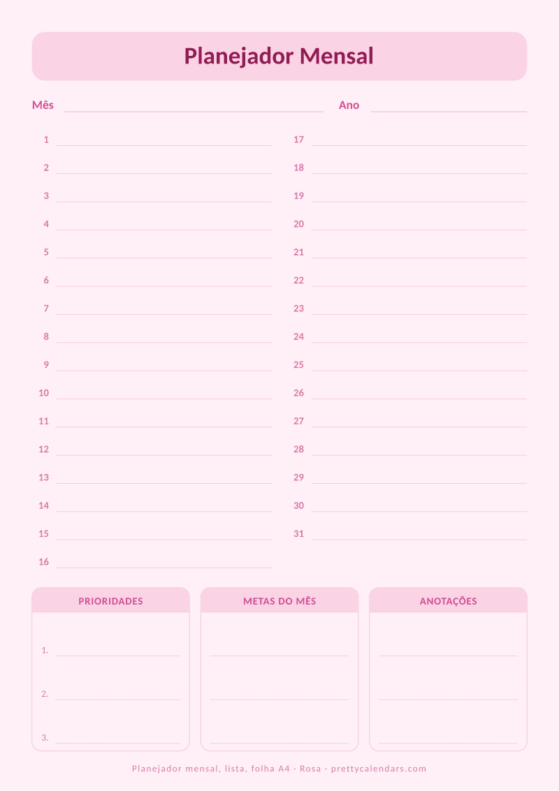 Planejador mensal para imprimir com lista diária em A4, estilo Rosa