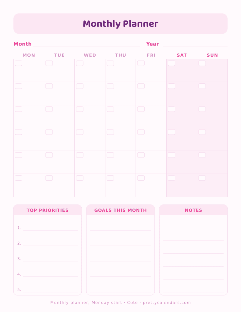 Printable undated monthly planner with the grid starting on Monday, Cute design