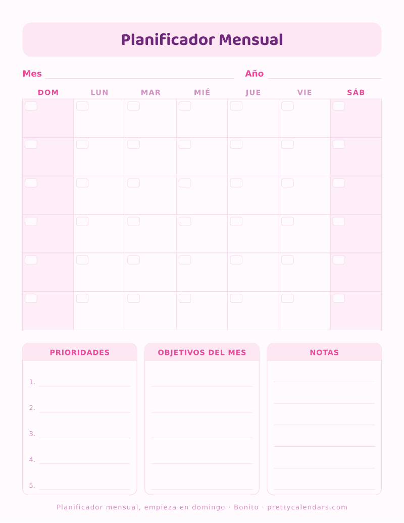 Planificador mensual sin fechas para imprimir con la cuadrícula empezando en domingo, diseño Bonito