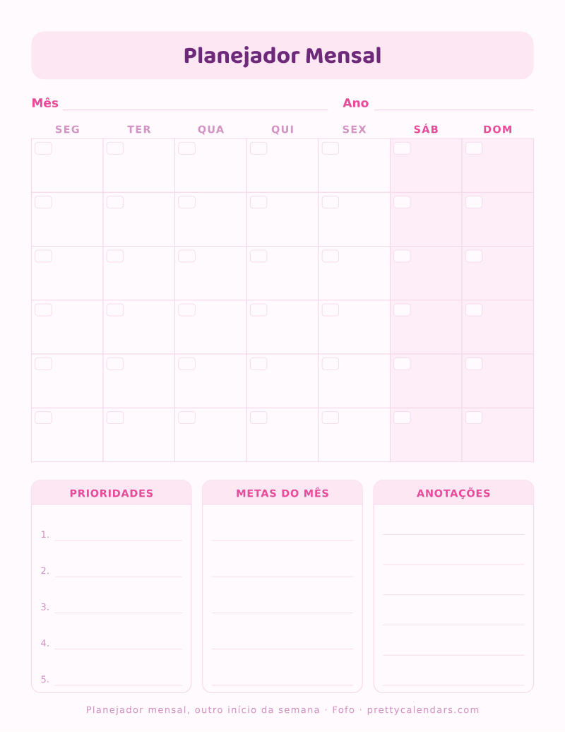 Planejador mensal para imprimir com outro início da semana, estilo Fofo