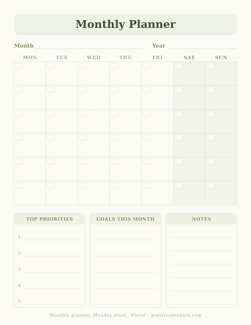 Printable undated monthly planner with the grid starting on Monday, Floral design