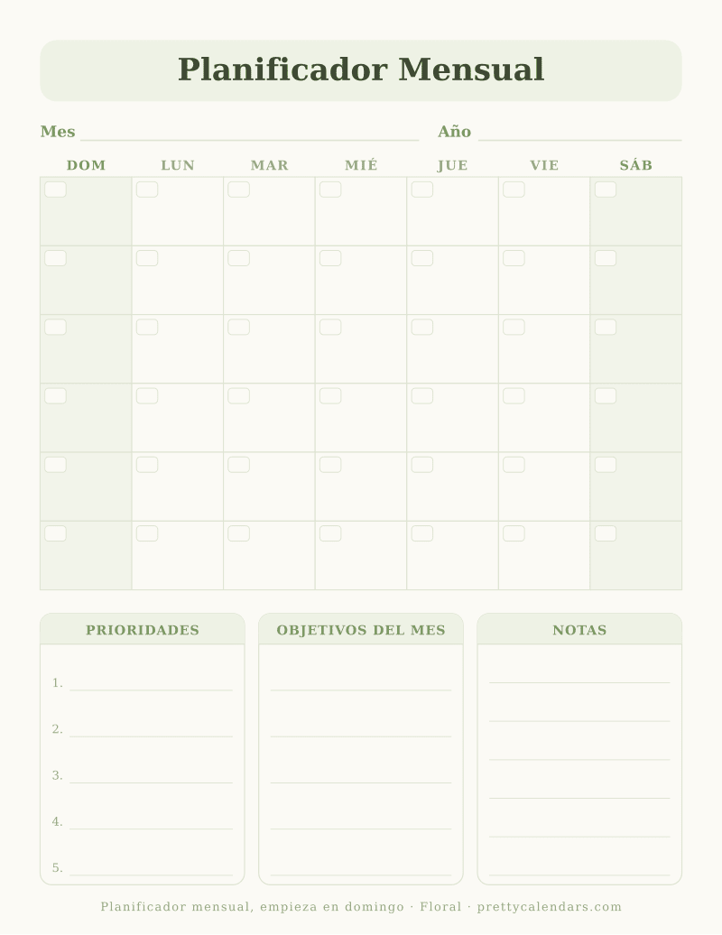 Planificador mensual sin fechas para imprimir con la cuadrícula empezando en domingo, diseño Floral