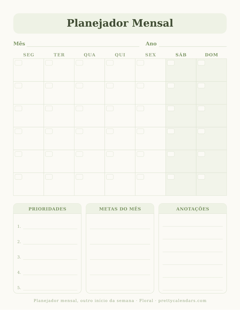 Planejador mensal para imprimir com outro início da semana, estilo Floral