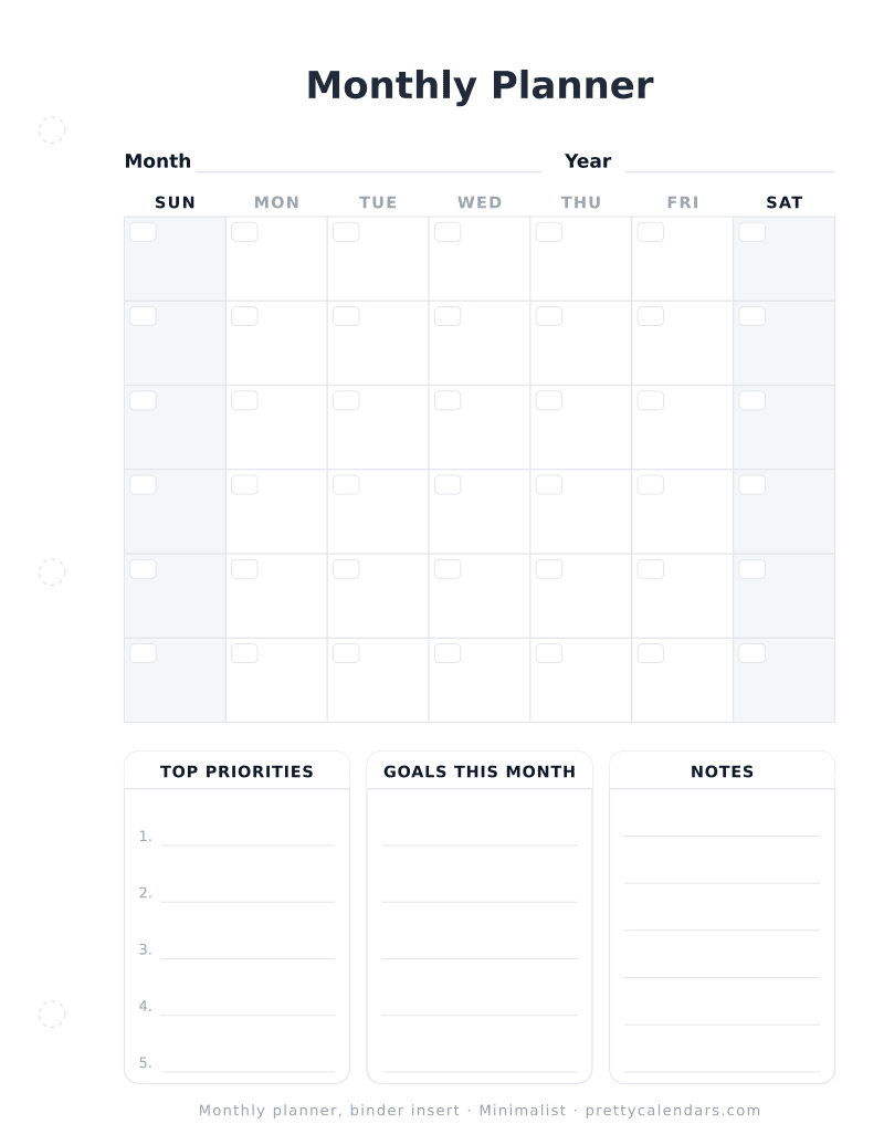 Printable undated monthly planner as a ring binder insert with a punch margin, Minimalist design