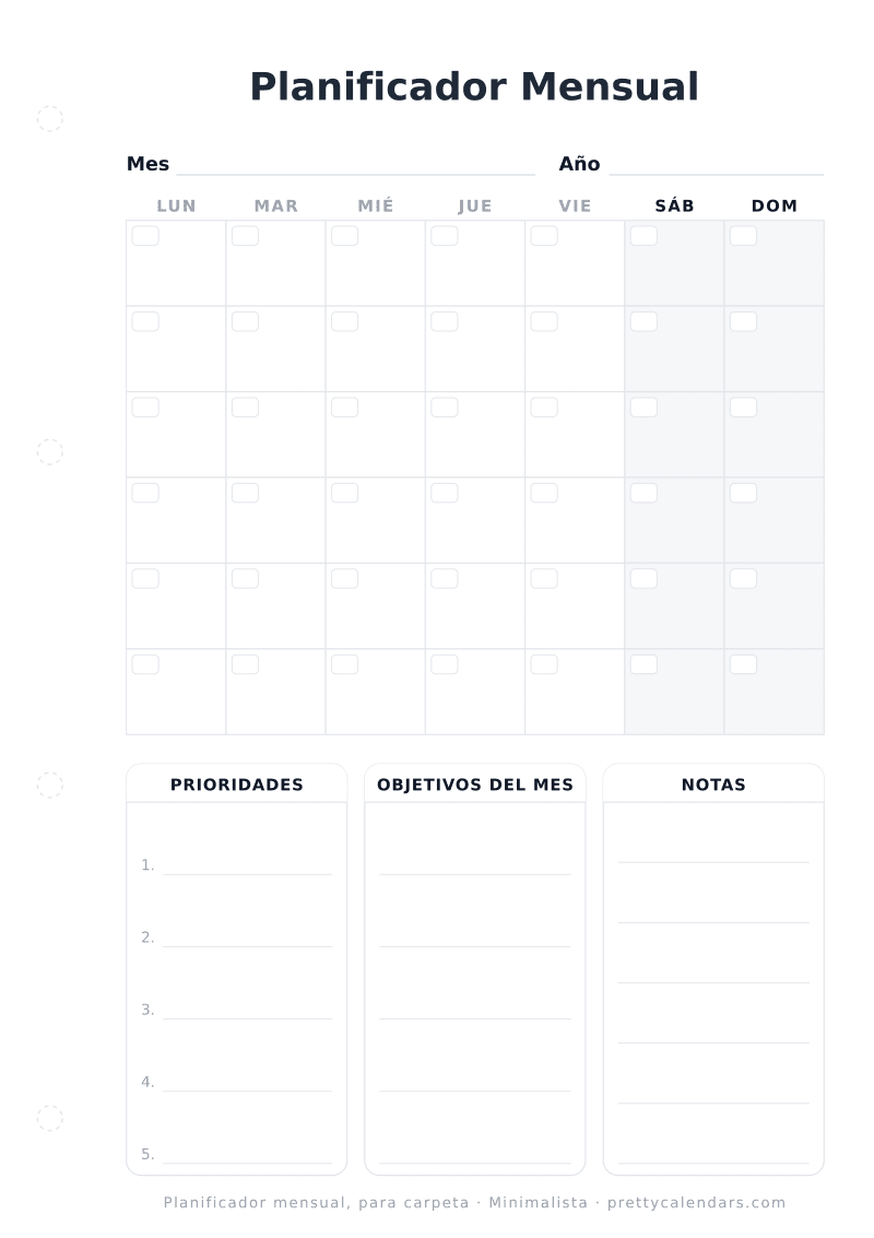 Planificador mensual sin fechas para imprimir como hoja de carpeta de anillas con margen perforado, diseño Minimalista
