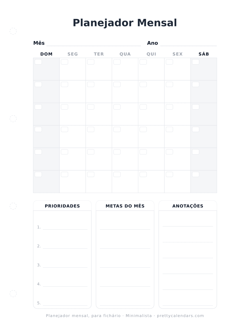 Planejador mensal para imprimir com margem para fichário, estilo Minimalista