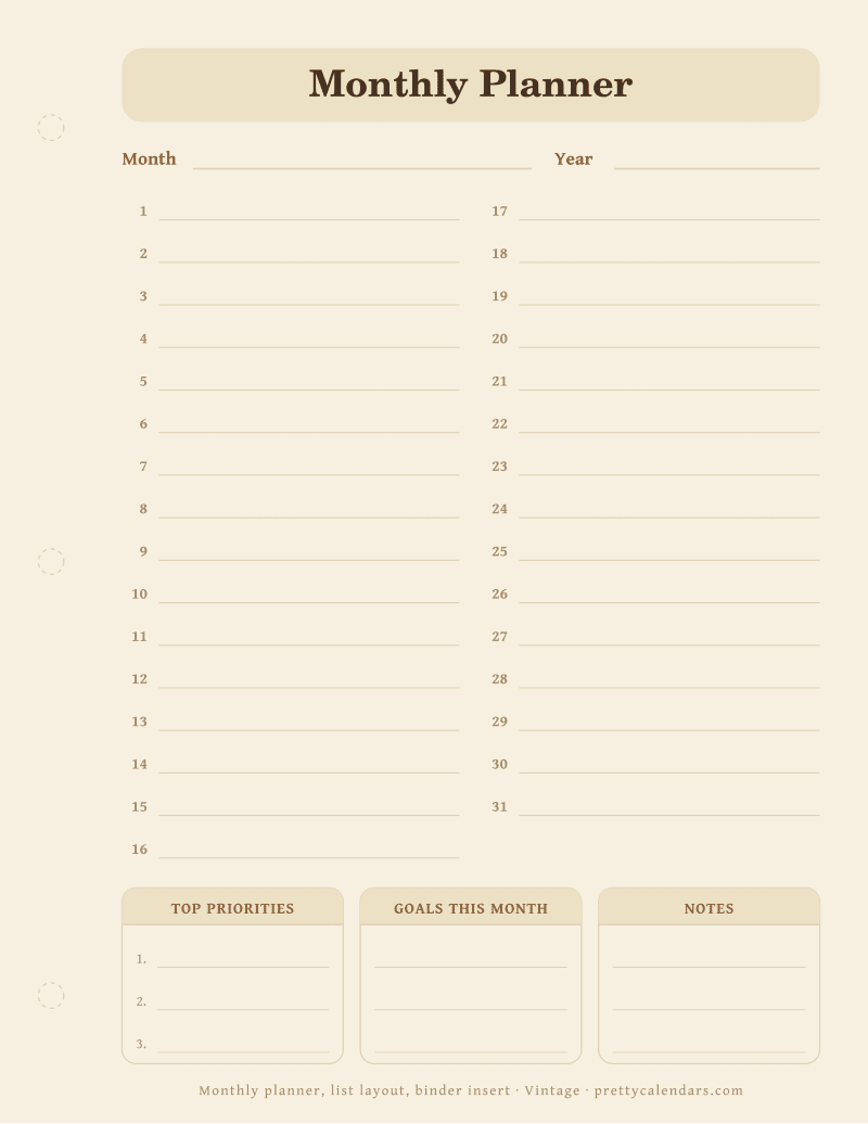 Printable undated day by day monthly planner as a ring binder insert, Vintage design