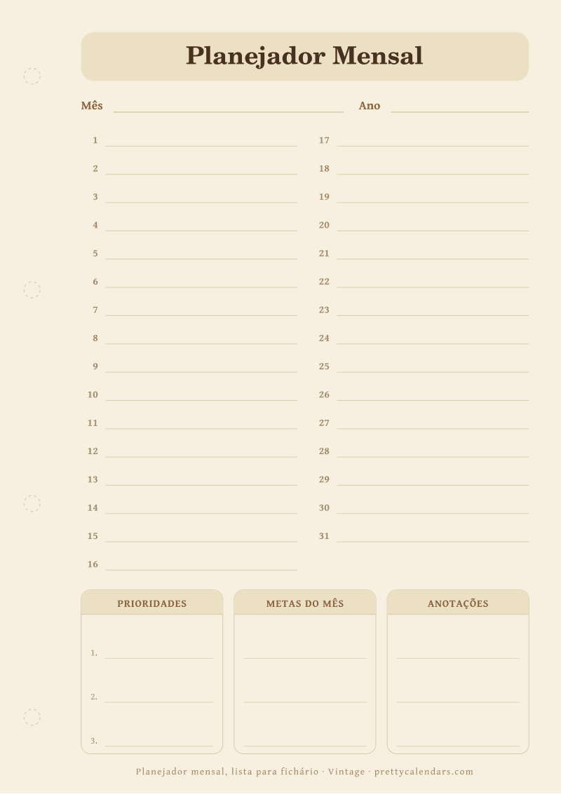 Planejador mensal para imprimir com lista diária para fichário, estilo Vintage