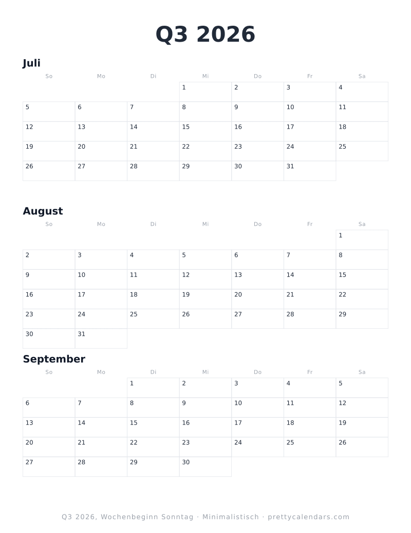 Druckbarer Quartalskalender mit alternativem Wochenbeginn, Design Minimalistisch