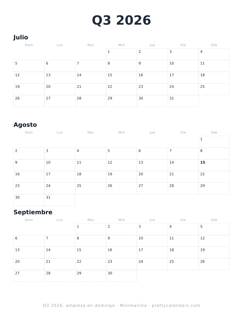 Calendario trimestral para imprimir con los tres meses empezando en domingo, diseño Minimalista