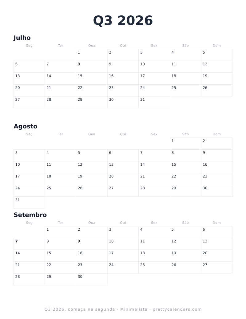 Calendário trimestral para imprimir com outro início da semana, estilo Minimalista