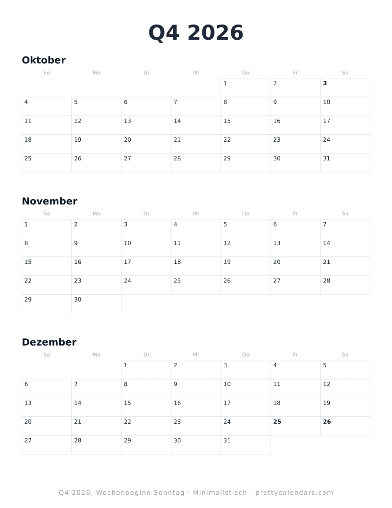 Druckbarer Quartalskalender mit alternativem Wochenbeginn, Design Minimalistisch