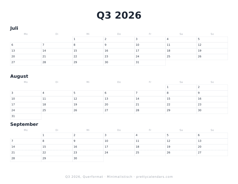 Druckbarer Quartalskalender mit Querformat, Design Minimalistisch