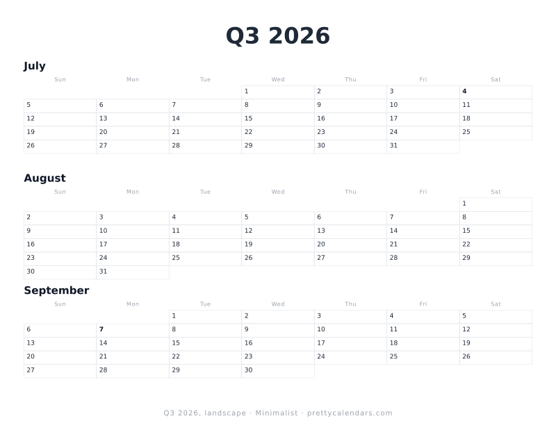 Printable quarterly calendar with three dated months across a landscape page, Minimalist design