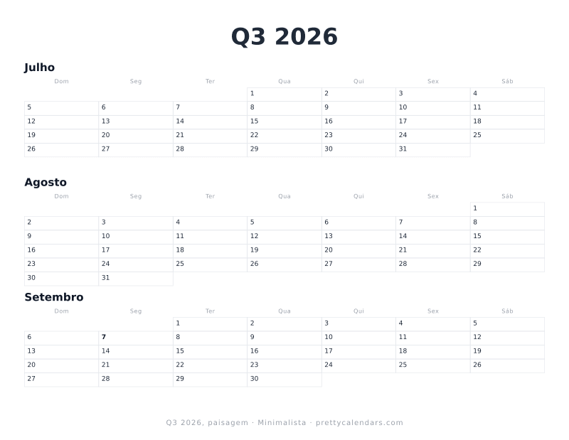 Calendário trimestral para imprimir com orientação paisagem, estilo Minimalista