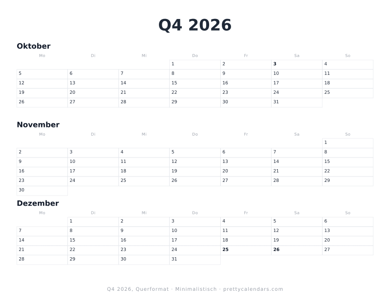 Druckbarer Quartalskalender mit Querformat, Design Minimalistisch