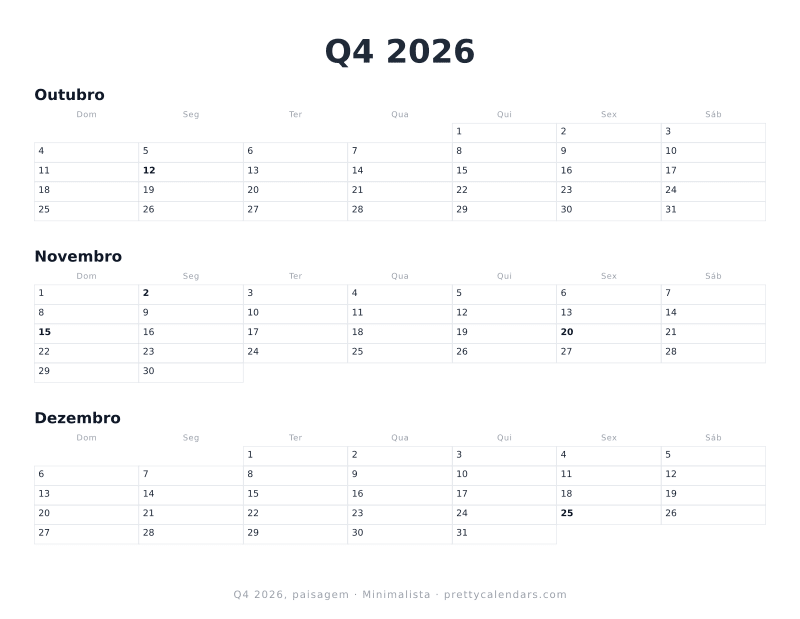 Calendário trimestral para imprimir com orientação paisagem, estilo Minimalista