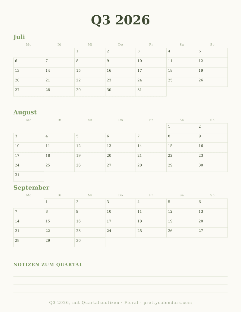Druckbarer Quartalskalender mit Notizbereich, Design Floral