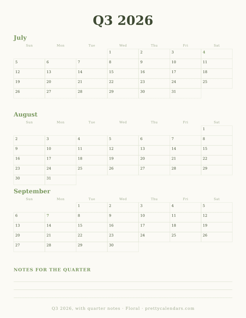 Printable quarterly calendar with a ruled notes band for the quarter, Floral design