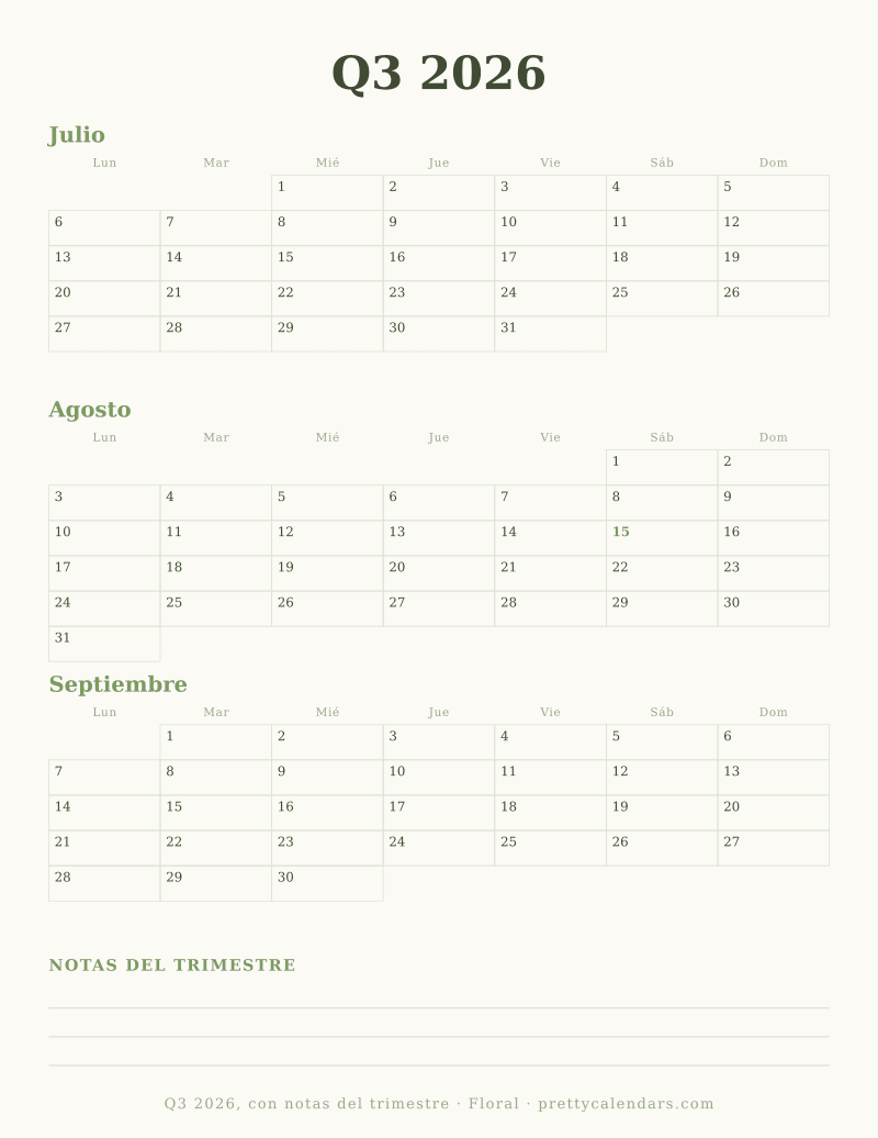 Calendario trimestral para imprimir con una franja de notas para el trimestre, diseño Floral