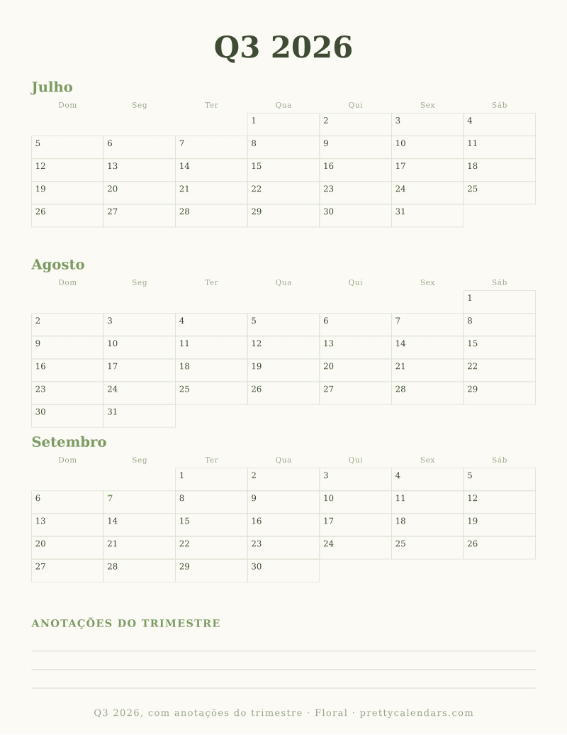 Calendário trimestral para imprimir com área de anotações, estilo Floral