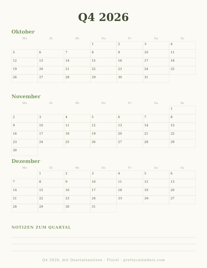 Druckbarer Quartalskalender mit Notizbereich, Design Floral