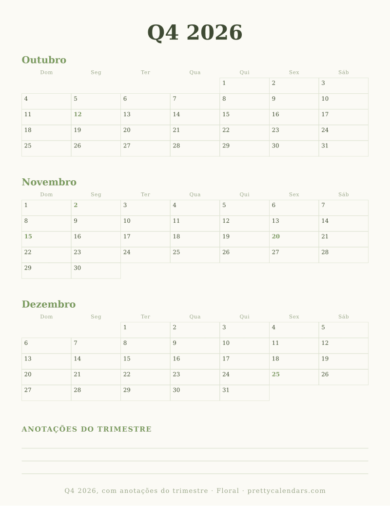 Calendário trimestral para imprimir com área de anotações, estilo Floral
