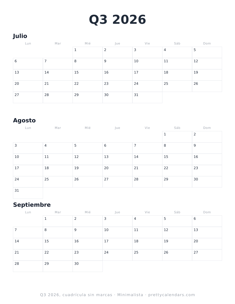 Calendario trimestral para imprimir sin festivos marcados en la cuadrícula, diseño Minimalista