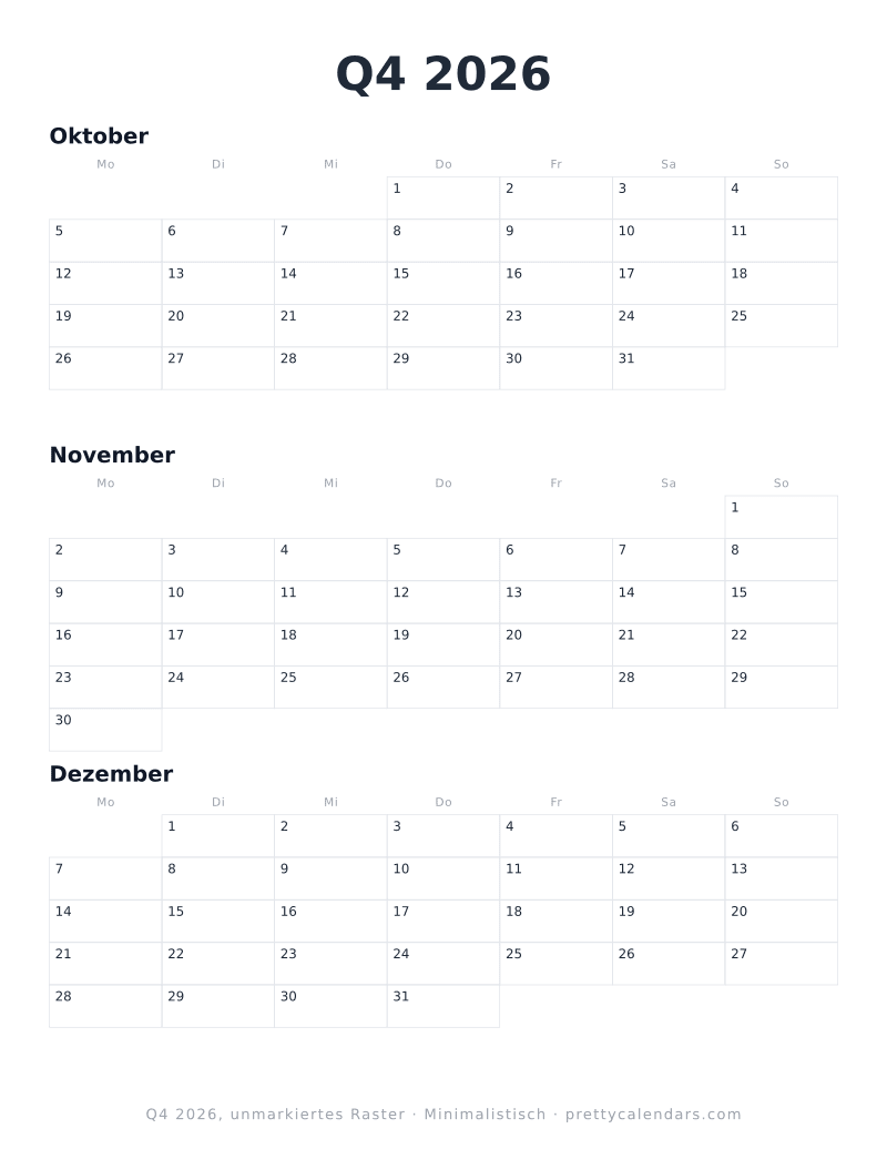 Druckbarer Quartalskalender mit schlichtem Raster, Design Minimalistisch