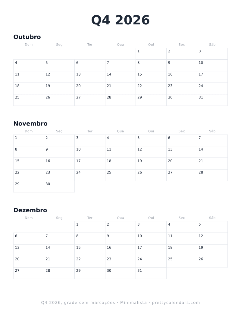 Calendário trimestral para imprimir com grade simples, estilo Minimalista