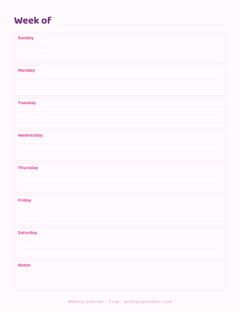 Printable weekly calendar planner, undated, with the seven days and a notes area, Cute style
