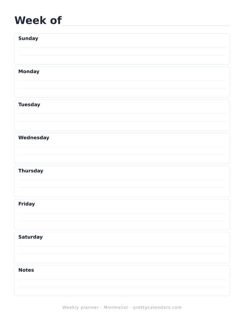 Printable weekly calendar planner, undated, with the seven days and a notes area, Minimalist style