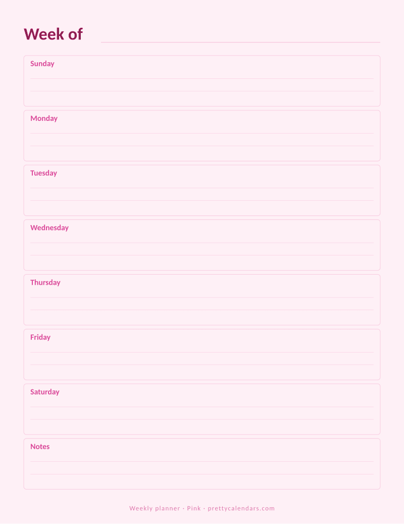 Printable weekly calendar planner, undated, with the seven days and a notes area, Pink style