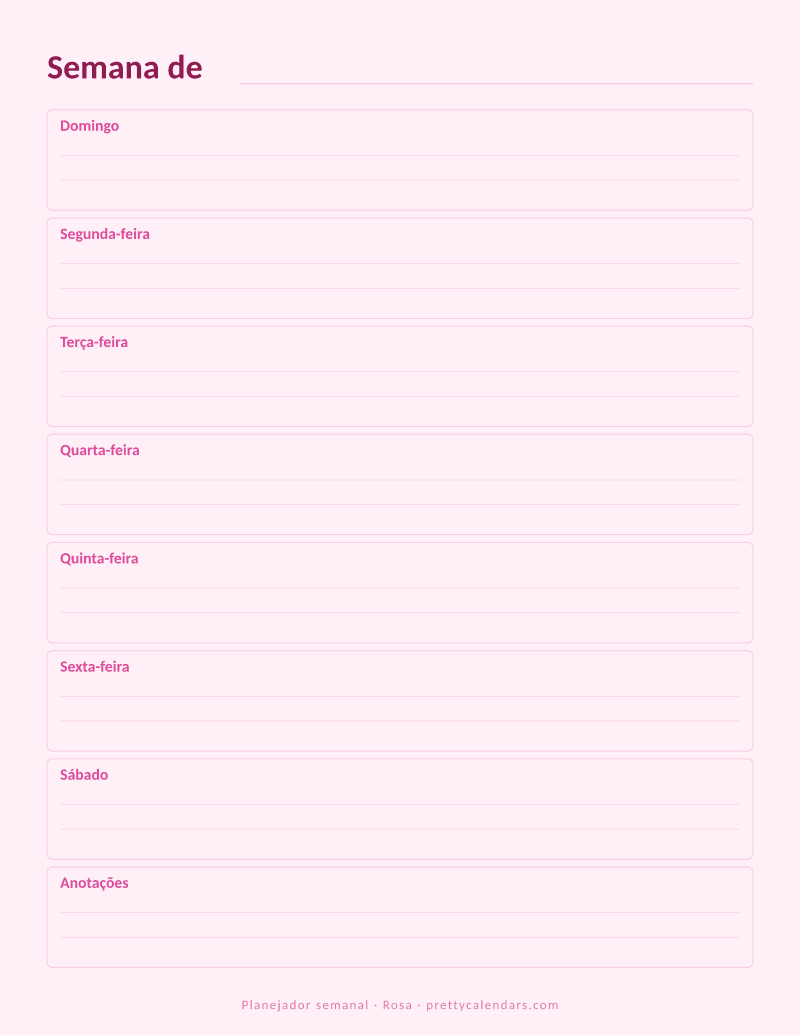 Calendário mensal para imprimir com planejamento semanal, estilo Rosa