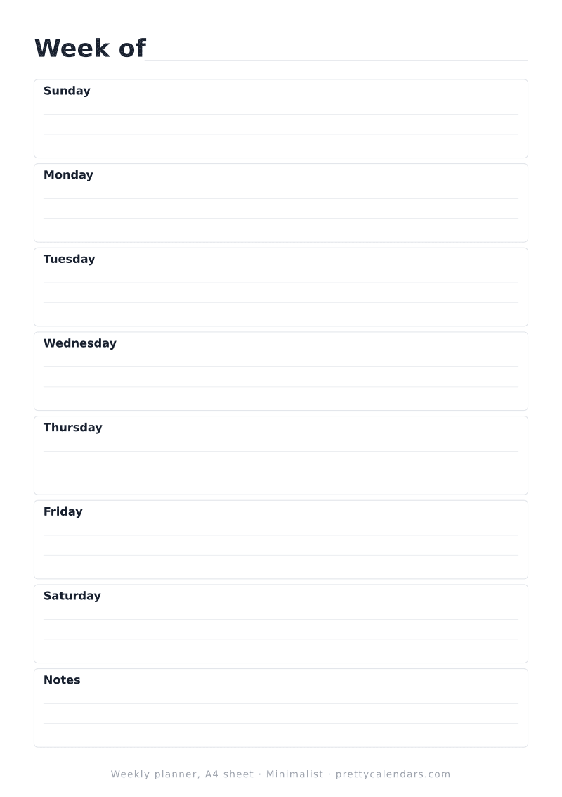 Printable undated weekly planner built at true A4 dimensions, Minimalist design