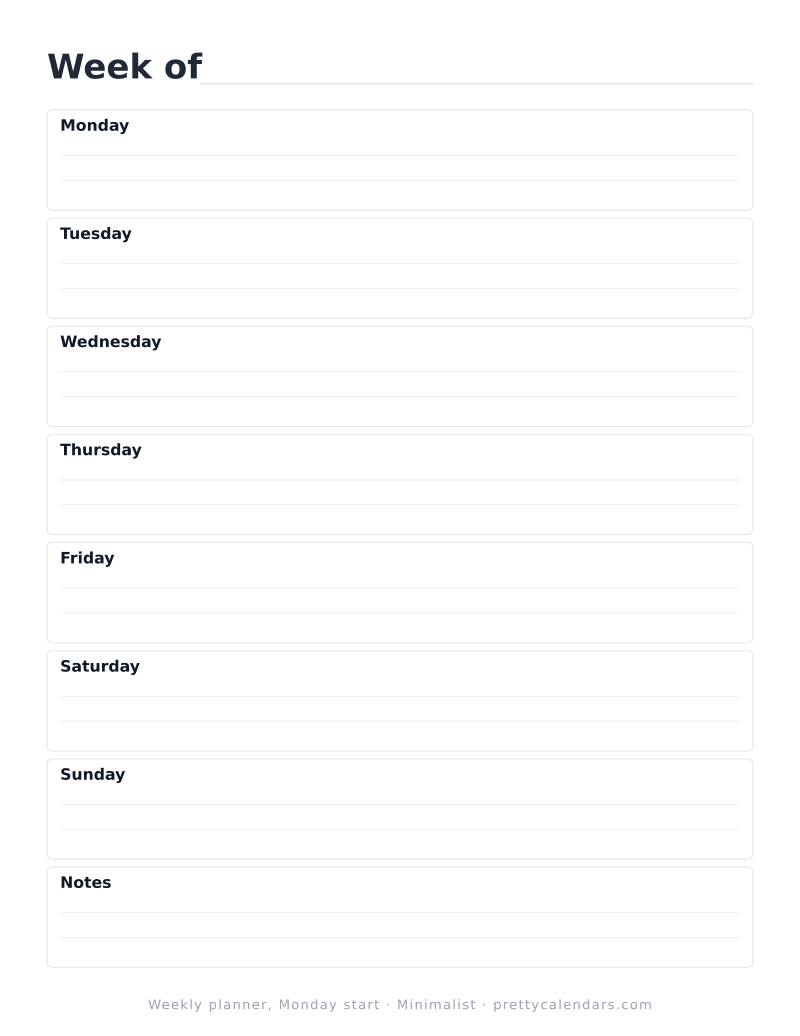 Printable undated weekly planner starting on Monday, Minimalist design