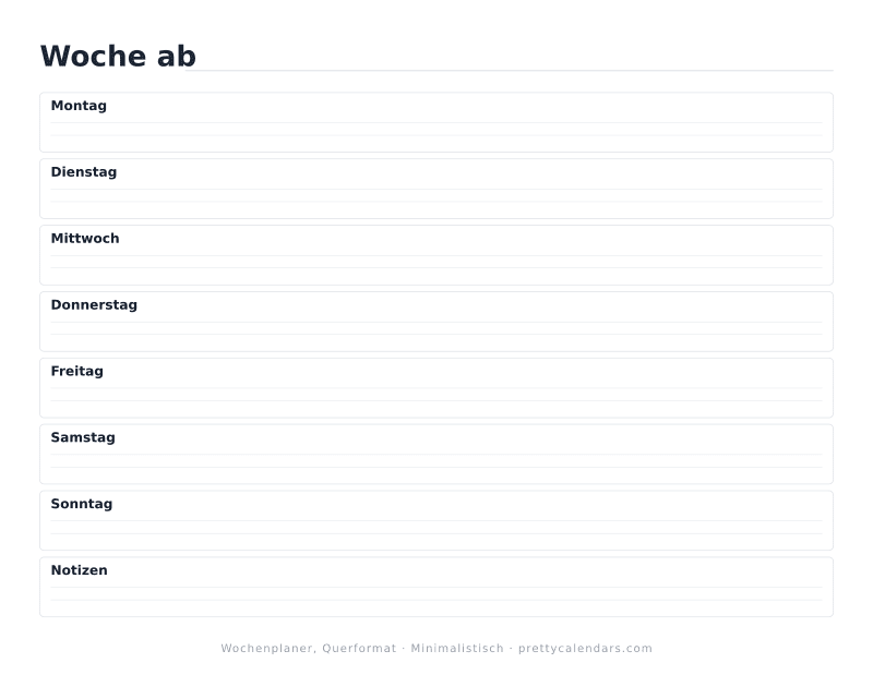 Druckbarer Wochenplaner mit Querformat, Design Minimalistisch