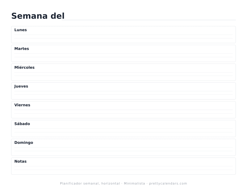 Planificador semanal sin fechas para imprimir en horizontal con bandas de día anchas, diseño Minimalista
