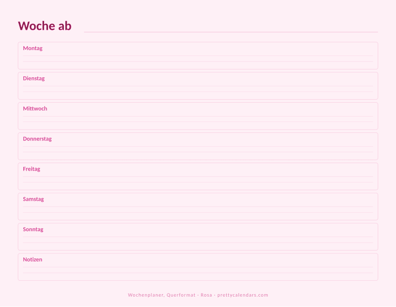Druckbarer Wochenplaner mit Querformat, Design Rosa