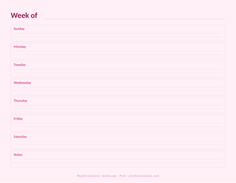 Printable undated weekly planner in landscape orientation with wide day bands, Pink design