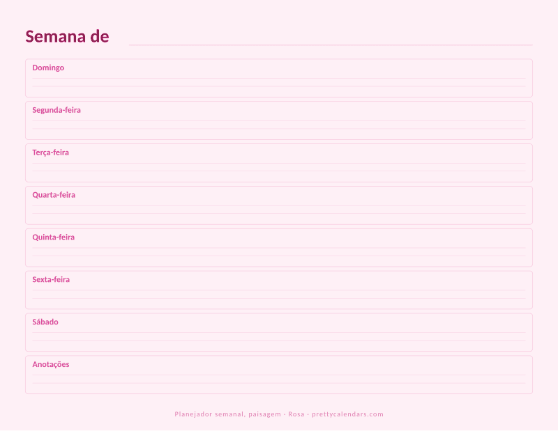 Planejador semanal para imprimir com orientação paisagem, estilo Rosa