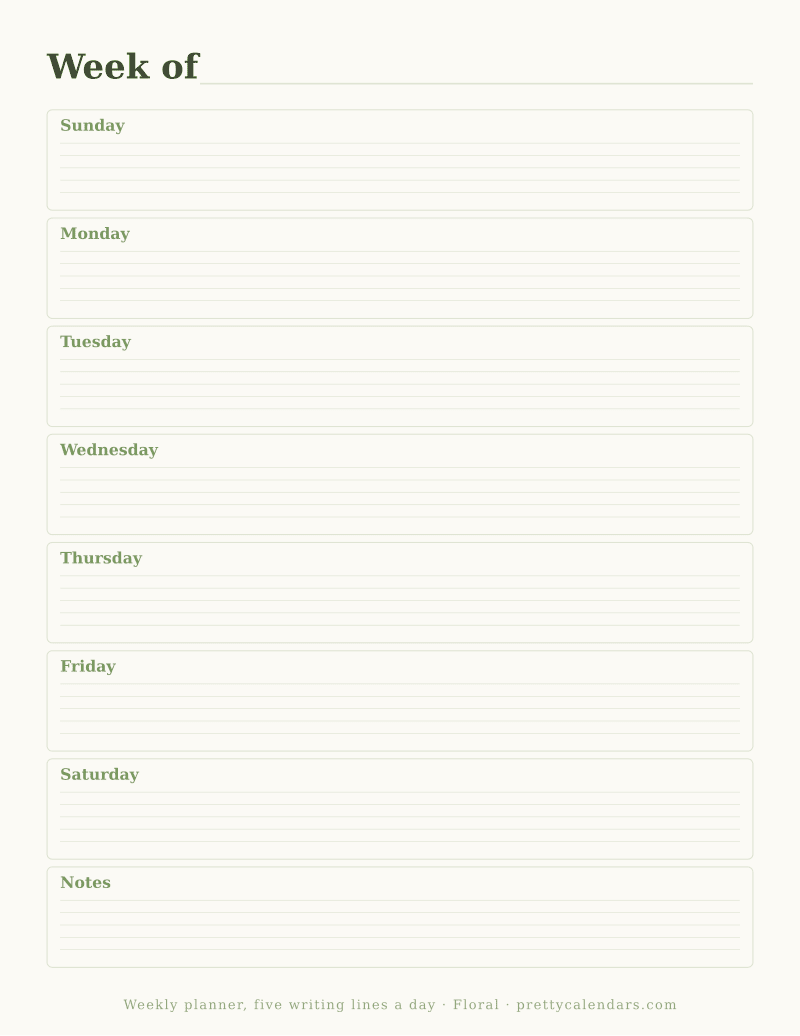 Printable undated weekly planner with five ruled writing lines in every day band, Floral design