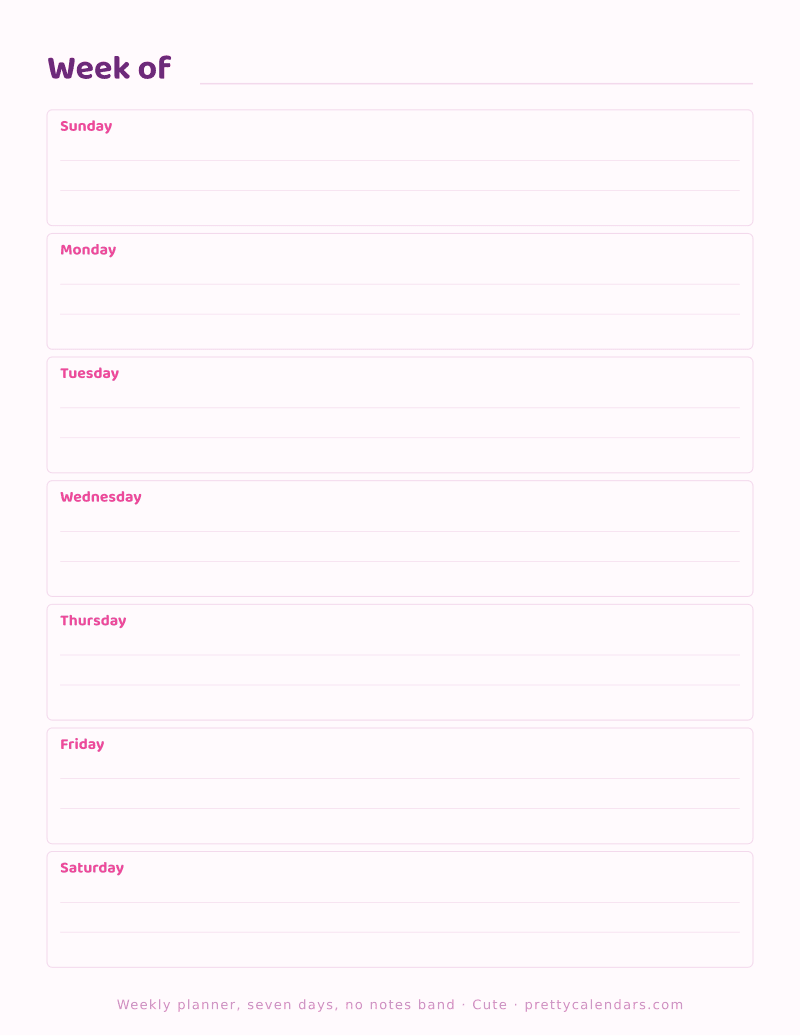 Printable undated weekly planner with seven day bands and no notes band, Cute design